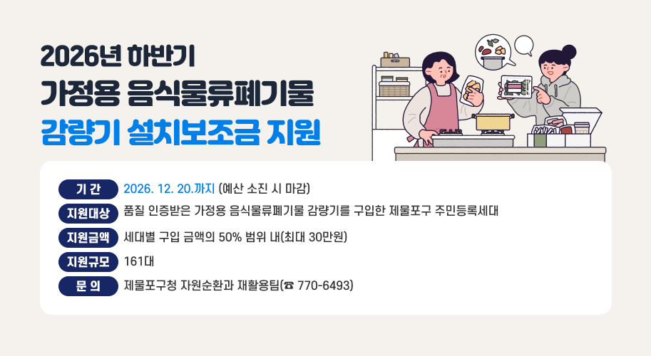 < 2026년 하반기 가정용 음식물류폐기물 감량기 설치보조금 지원 > ○ 기    간 : 2026. 12. 20.까지 (예산 소진 시 마감) ○ 지원대상 : 품질 인증받은 가정용 음식물류폐기물 감량기를 구입한 제물포구 주민등록세대 ○ 지원금액 : 세대별 구입 금액의 50% 범위 내(최대 30만원) ○ 지원규모 : 161대 ○ 문    의 : 제물포구청 자원순환과 재활용팀(☎ 770-6493)
