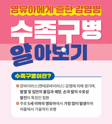 영유아에게 흔한 감염병
수족구병 알아보기
수족구병이란?
-장바이러스(엔테로바이러스) 감염에 의해 생기며, 발열 및 입안의 물집과 궤양, 손과 발의 수포성 발진이 특징인 질환

- 주로 5세 이하의 영유아에서 가장 많이 발생하며 여름에서 가을까지 유행