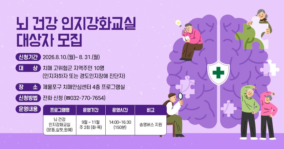 뇌 건강 인지강화교실 대상자 모집
○ 신청기간 : 2026.8.10.(월)~ 8. 31.(월)
○ 대    상 : 치매 고위험군 지역주민 10명(인지저하자 또는 경도인지장애 진단자)
○ 장    소 : 제물포구 치매안심센터 4층 프로그램실
○ 신청방법 : 전화 신청 (☎032-770-7654)
○ 운영내용

프로그램명
운영기간
운영시간
비고
뇌 건강
인지강화교실
(운동,실벗,원예)
9월 ~ 11월
주 2회 (화·목)
14:00~16:30
(150분)
송영버스 지원


