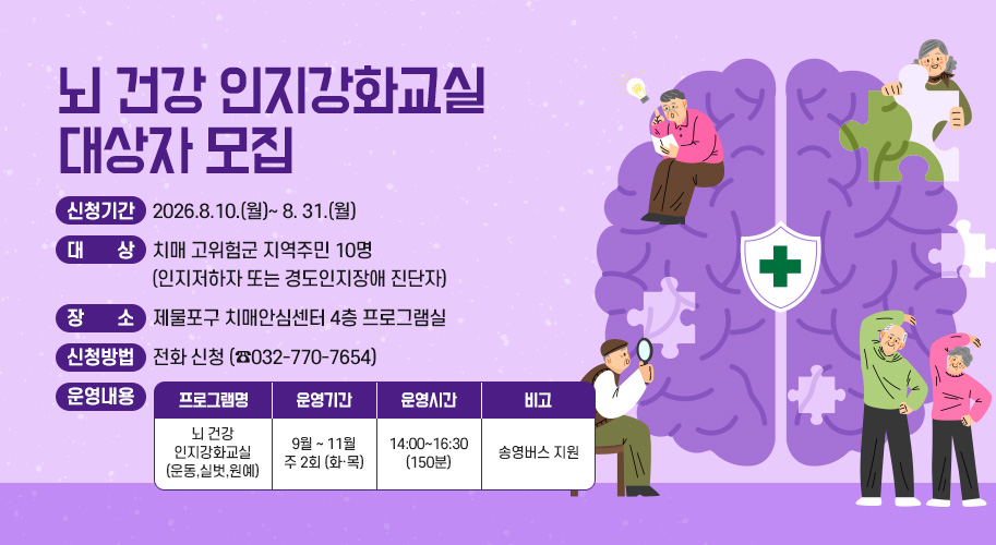 뇌 건강 인지강화교실 대상자 모집
○ 신청기간 : 2026.8.10.(월)~ 8. 31.(월)
○ 대    상 : 치매 고위험군 지역주민 10명(인지저하자 또는 경도인지장애 진단자)
○ 장    소 : 제물포구 치매안심센터 4층 프로그램실
○ 신청방법 : 전화 신청 (☎032-770-7654)
○ 운영내용

프로그램명
운영기간
운영시간
비고
뇌 건강
인지강화교실
(운동,실벗,원예)
9월 ~ 11월
주 2회 (화·목)
14:00~16:30
(150분)
송영버스 지원


