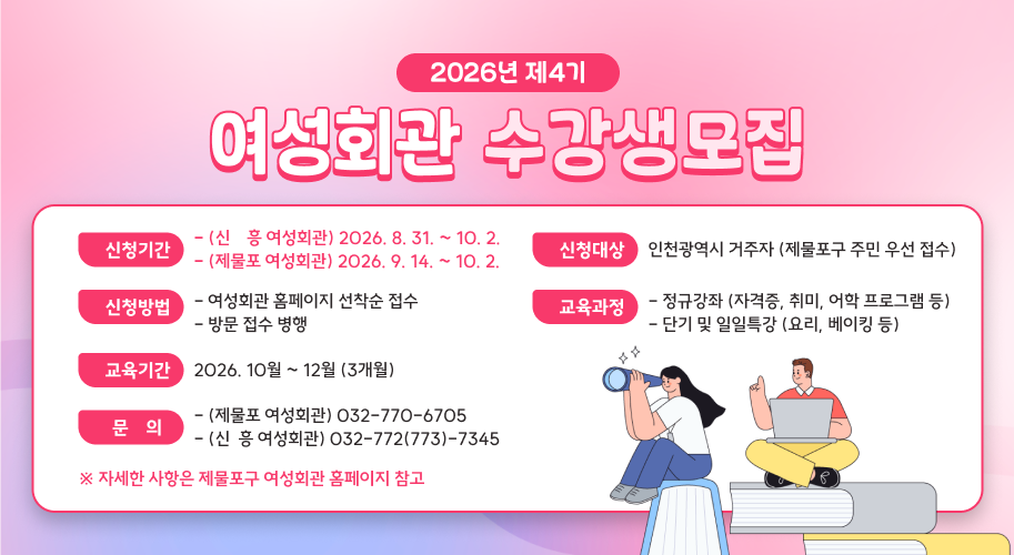 2026년 제4기 여성회관 수강생 모집

○ 신청기간
 - (신  흥 여성회관) 2026. 8. 31. ~ 10. 2.
 - (제물포 여성회관) 2026. 9. 14. ~ 10. 2.
○ 신청대상 : 인천광역시 거주자 (제물포구 주민 우선 접수)
○ 신청방법 
  - 여성회관 홈페이지 선착순 접수   - 방문 접수 병행
○ 교육과정
  - 정규강좌 (자격증, 취미, 어학 프로그램 등)
  - 단기 및 일일특강 (요리, 베이킹 등)
○ 교육기간 : 2026. 10월 ~ 12월 (3개월)
○ 문    의 
  - (제물포 여성회관) 032-770-6705
  - (신  흥 여성회관) 032-772(773)-7345

 ※ 자세한 사항은 제물포구 여성회관 홈페이지 참고