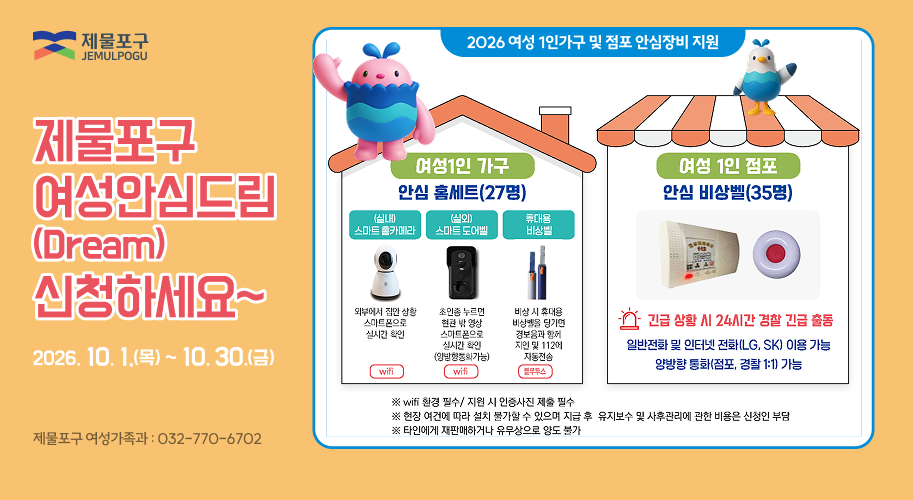 제물포구 2026 여성 1인가구 및 점포 안심장비 지원 제물포구 여성안심드림 (Dream) 신청하세요~ 2026. 10. 1.(목) ~ 10.30.(금) 여성1인 가구 안심 홈세트(27명) (실내) 스마트 홈카메라 (실외) 스마트 도어벨 휴대용 비상벨 여성 1인 점포 안심 비상벨(35명) 외부에서 집안 상황 스마트폰으로 실시간 확인 초인종 누르면 현관 밖 영상 스마트폰으로 실시간 확인 (양방향통화가능) 비상 시 휴대용 비상벨을 당기면 경보음과 함께 지인 및 112에 자동전송 와이파이 와이파이 블루투스 긴급 상황 시 24시간 경찰 긴급 출동 일반전화 및 인터넷 전화(LG, SK) 이용 가능 양방향 통화(점포, 경찰 1:1) 가능 제물포구 여성가족과 : 032-770-6702 ※ wifi 환경 필수/지원 시 인증사진 제출 필수 ※ 현장 여건에 따라 설치 불가할 수 있으며 지급 후 유지보수 및 사후관리에 관한 비용은 신청인 부담 ※ 타인에게 재판매하거나 유무상으로 양도 불가